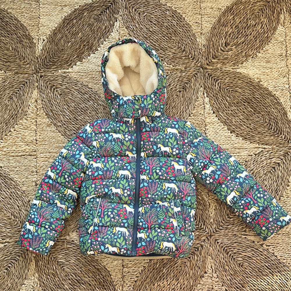Boden Fleece-Lined Jacket with Unicorn Forest Print